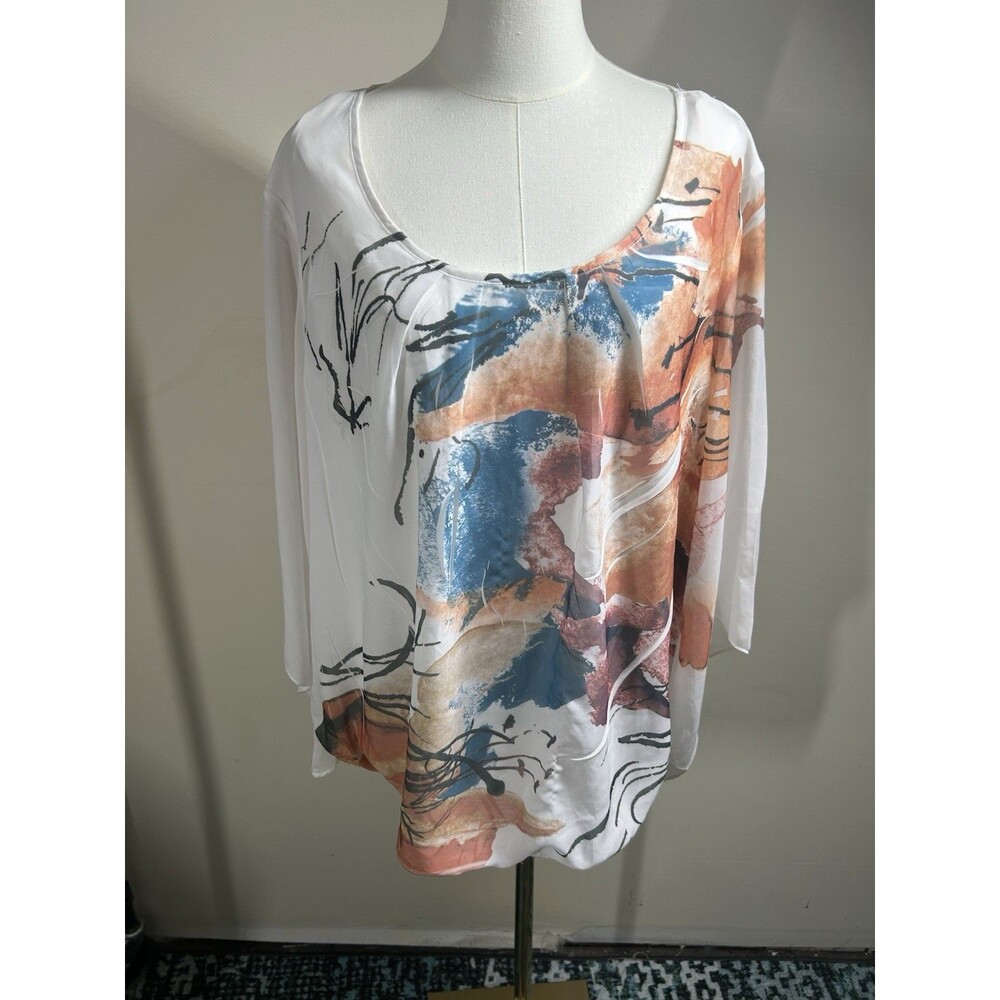 AGB Women's Blouse Plus 2X Lined Multicolor Trumpet Sleeves Elastic Waist 233
